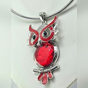 NOS C Est 1946 Silver Tone Red Owl Choker Necklace 3" Statement Charm Rhinestone